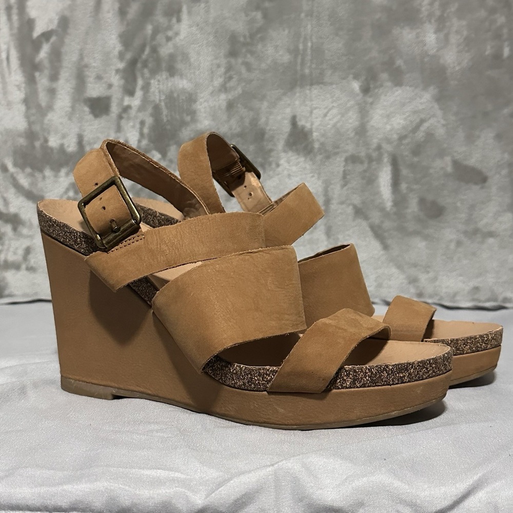Franco Sarto Leather Wedge Sandals Strappy Open Toe Size 8.5 Brown Coastal Cork‎